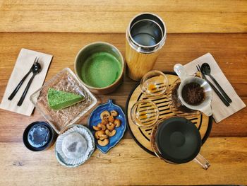 High angle view of breakfast on table