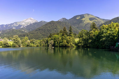 Scenic view of lake and mountains against clear sky