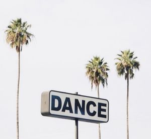 Information sign by palm trees on beach against sky