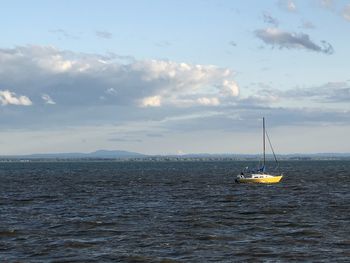 Sailboat sailing on sea against sky