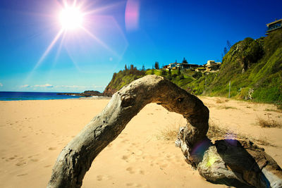 Scenic view of sea against clear sky on sunny day