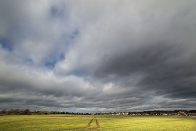 Scenic view of field against cloudy sky