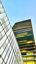 Low angle view of modern building against clear blue sky