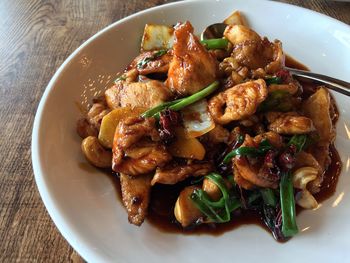 High angle view of food served in plate