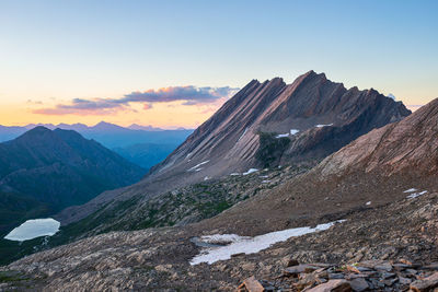 Scenic view of mountains against sky during sunset