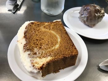 High angle view of cake in plate on table