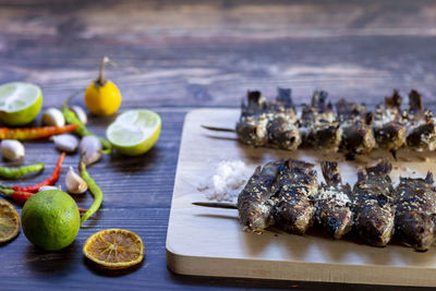 High angle view of fish on table