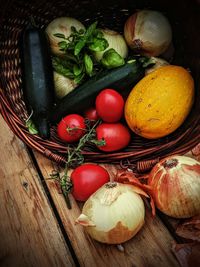 High angle view of fruits and vegetables on table