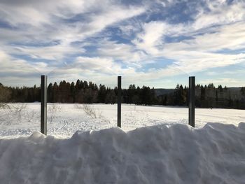 Scenic view of snow covered field against sky