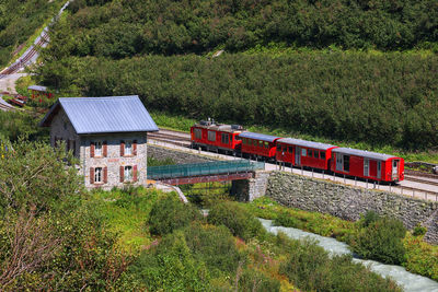 High angle view of train on field