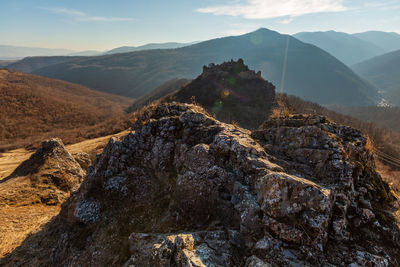 Aerial view of mountain range against sky