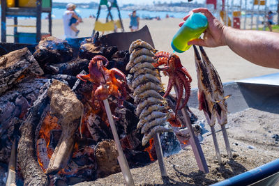 Midsection of person preparing food on barbecue grill