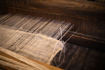 High angle view of thread in loom