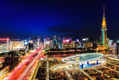 High angle view of light trails on road