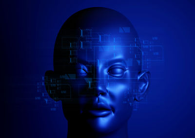 Digital composite image of man using smart phone against blue background
