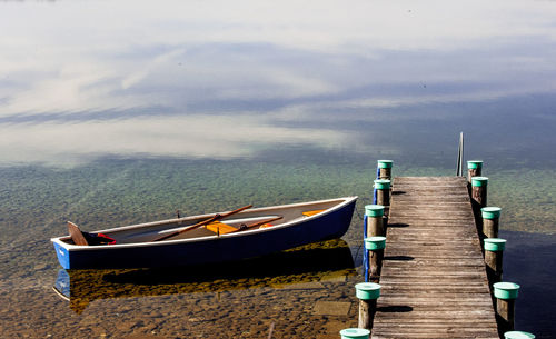 Boat moored on lake against sky