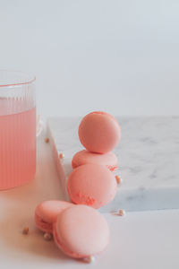 Close-up of breakfast on table against white background