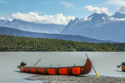 Scenic view of lake and mountains against sky