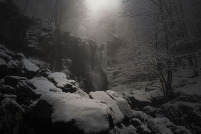 Scenic view of waterfall in forest during winter