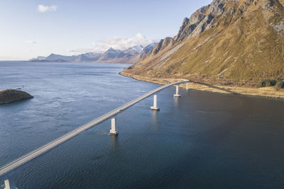 Scenic view of sea and mountains against sky