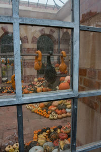 Squashes decoration seen through window glass at tyntesfield