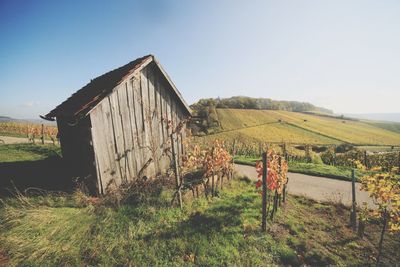 Barn on field against clear sky