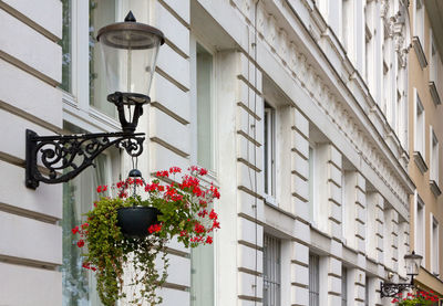 Low angle view of street light by building