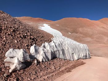 Scenic view of desert against clear blue sky