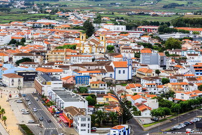 High angle view of houses in city