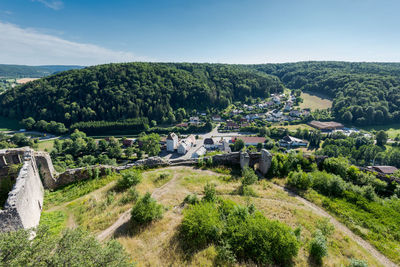 High angle view of trees and plants against sky