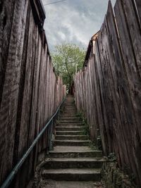 Empty steps amidst wooden walls