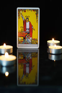 Close-up of illuminated candles against black background