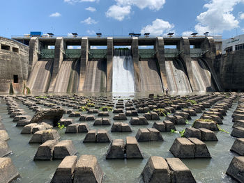 Low angle view of dam against sky in city