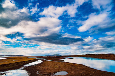 Scenic view of lake against cloudy sky