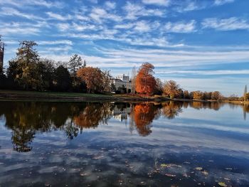 Reflection of trees in lake against sky