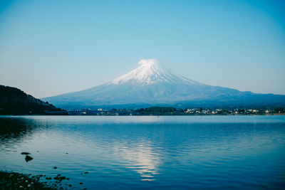 Scenic view of snowcapped mountains against clear blue sky