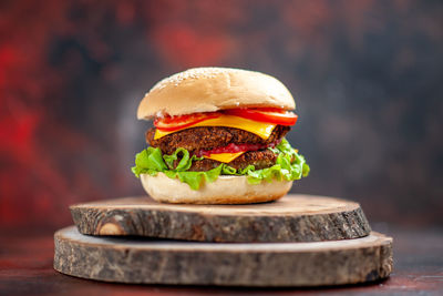 Close-up of burger on table