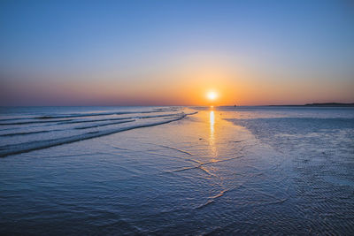 Scenic view of sea against clear sky during sunset