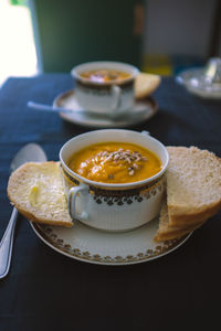 High angle view of soup in bowl on table