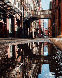 Reflection of buildings in puddle