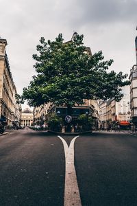 Road by trees and buildings against sky