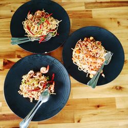 High angle view of food served on table