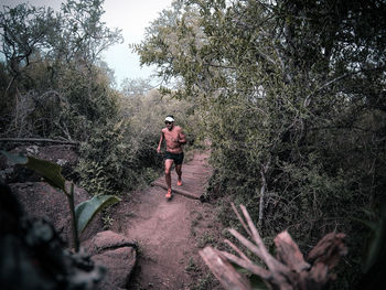 Rear view of man walking on footpath in forest