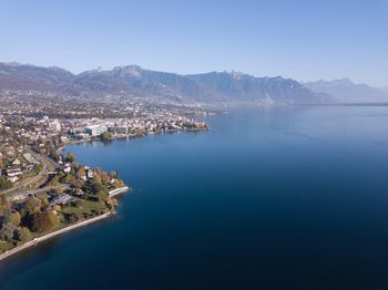 Aerial view of town at waterfront