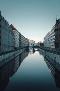 Reflection of buildings in city against clear sky