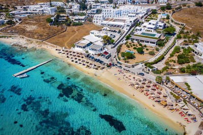 Aerial view of buildings by sea