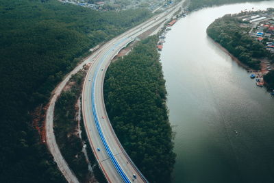 High angle view of highway by river