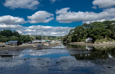 View of boats in river against cloudy sky