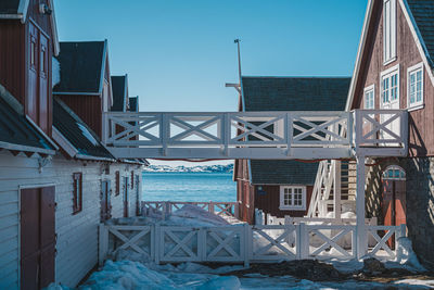 Low angle view of built structures against clear sky
