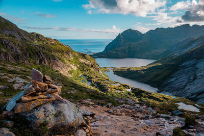 Scenic view of mountains, lakes and ocean, lofoten, norway